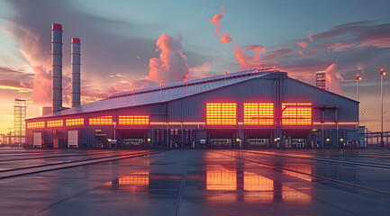 Fototapeta premium Industrial Building at Sunset - Digital Illustration