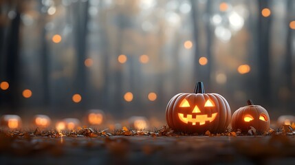 Glowing Halloween Jack-o-Lanterns in Mysterious Autumn Forest