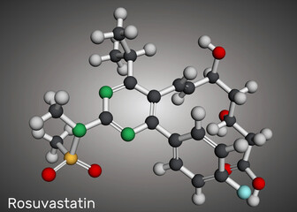 Rosuvastatin molecule. Statin, lipid-lowering drug. Molecular model. 3D rendering