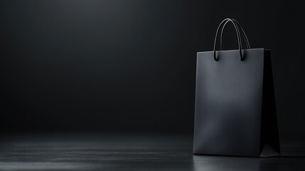 A black gift bag with sleek handles sits elegantly on a dark surface. Copy Space