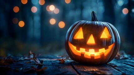 Obraz premium Illuminated Halloween Jack-o-Lantern in Moody Autumn Forest Scene