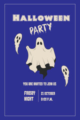 Retro Halloween Party Invitation. Blue background with ghost. Vector