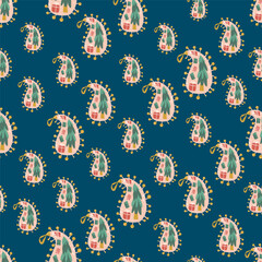 Christmas seamless pattern. Glass baubles repeat background. Paisley shape toy with Christmas tree and presents holiday season endless design. Vector hand drawn flat illustration.