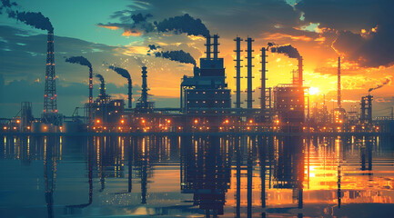 Naklejka premium Industrial Sunset Illustration - Silhouetted Factory with Reflection in Water
