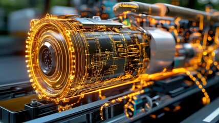Fototapeta premium Close-up view of a futuristic engine with glowing circuitry and intricate details, showcasing innovation in technology and design.