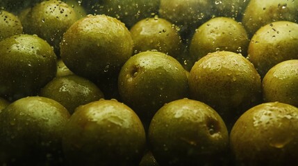 Closeup of green fruit with water droplets.