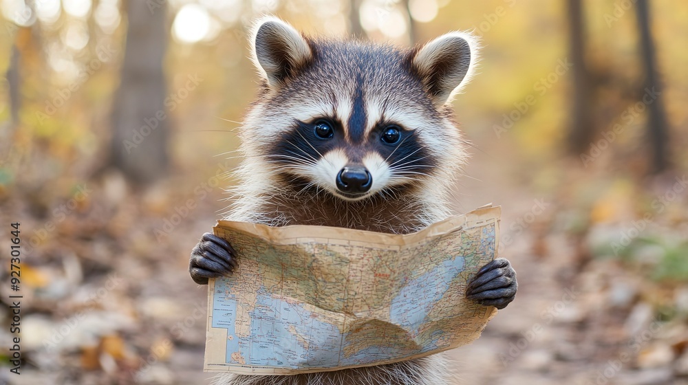 Poster A raccoon is holding a map and looking at the camera. 