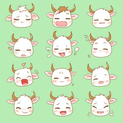 Obraz premium A set of 12 cute cartoon cow faces with different expressions.
