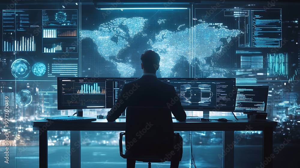 Poster futuristic urban research facility with ai-powered data analysis and interactive digital experiments
