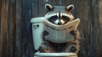 Raccoon sitting on toilet and reading the newspaper 