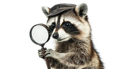 Obraz premium Funny curious detective raccoon with a magnifying glass, isolated on white background