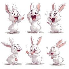 Fototapeta premium Six white cartoon bunnies in different poses with surprised, happy expressions.