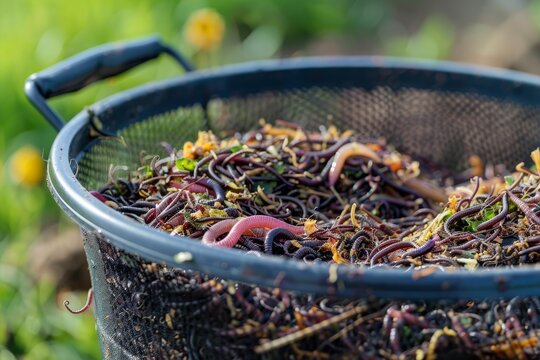 Closeup of red wiggler worms in a compost bin, aiding in organic waste recycling