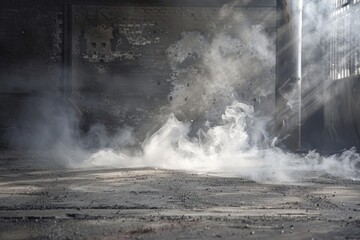 Naklejka premium Ethereal smoke swirls in beams of light in a deserted industrial setting