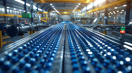 Obraz premium 3D Illustration of a Conveyor Belt with Blue Balls in a Factory
