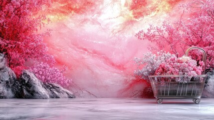 A serene scene featuring a beautiful pink landscape with a shopping cart filled with flowers, evoking tranquility and beauty.