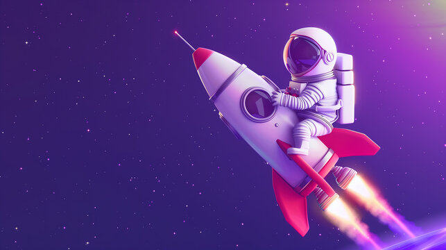 A cartoon astronaut is riding a rocket. The rocket is red and the background is purple. The astronaut is wearing a white suit