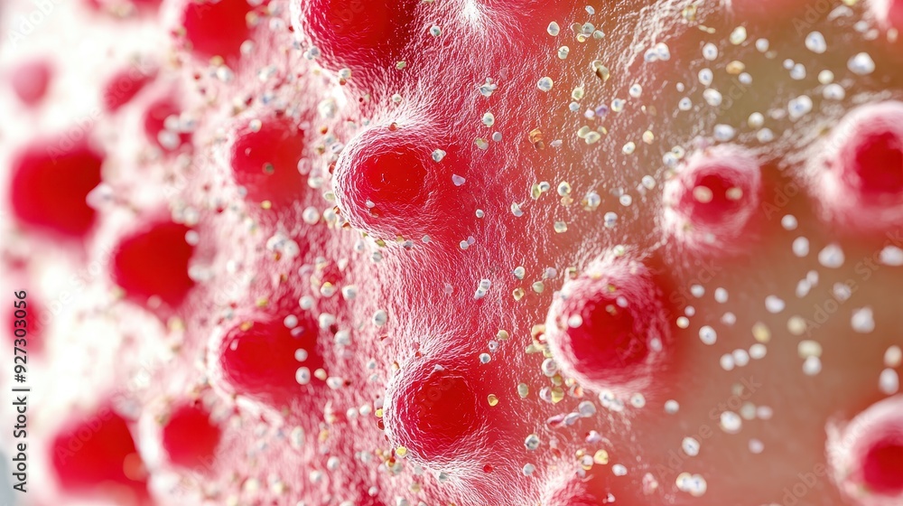 Poster close-up of a textured surface featuring vibrant red circles and intricate details, showcasing uniqu