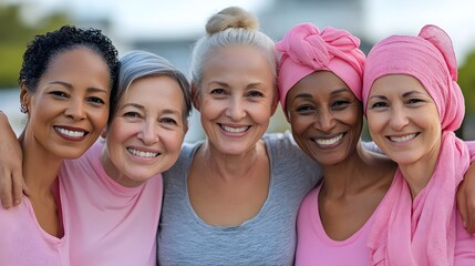 diverse women smiling together for breast cancer awareness and support