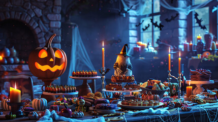 A classic Halloween celebration with lots of sweets and cakes in the shape of monsters, ghosts and other spooky creatures placed on the table in a spooky atmosphere at home on Halloween night