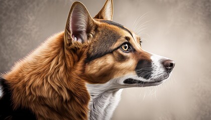 Obraz premium Colorful dog with face paint in decorative patterns. Painted puppy in bright colored designs. Concept of animal art, unique pet portraits, Day of the Dead, 