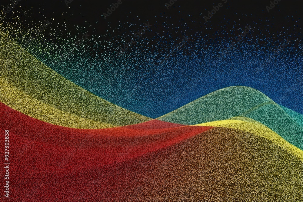 Poster vibrant grainy gradient background in blue red and yellow with abstract color wave on black backgrou