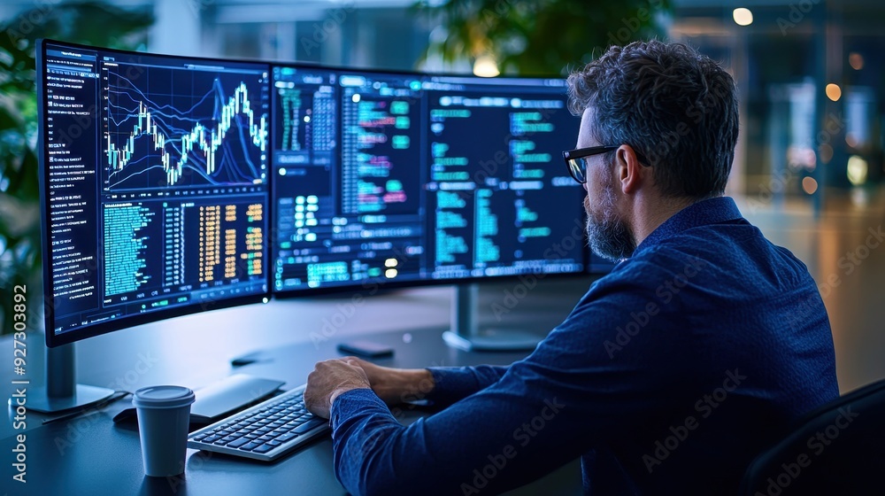 Poster a focused professional analyzing data on multiple screens in a modern workspace, showcasing tech and