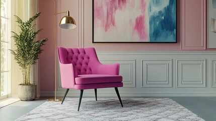Vibrant Pink Chair in Chic Home Office: Perfect Wall Art for a Stylish Space with Pastel Walls, Decorative Floor Lamp, and Textured Rug - Ideal for Inspiring Creativity!