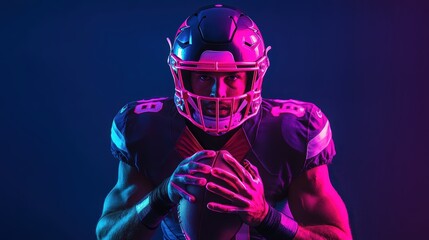 American football player holding a ball closeup view. Super bowl game