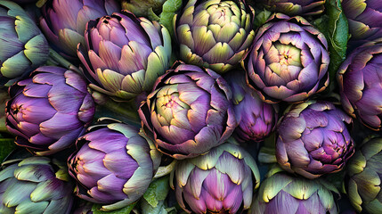 Fototapeta premium Vibrant artichokes, nature's healthy thistle flower, displayed fresh on market stall