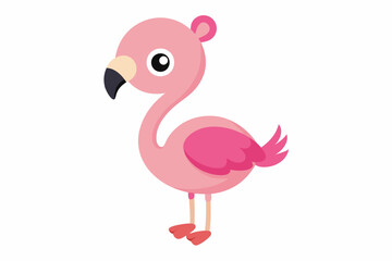 Cute baby flamingo with a happy face on a white background