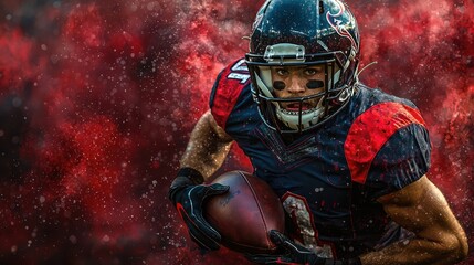 American football player holding a ball closeup view. Super bowl game