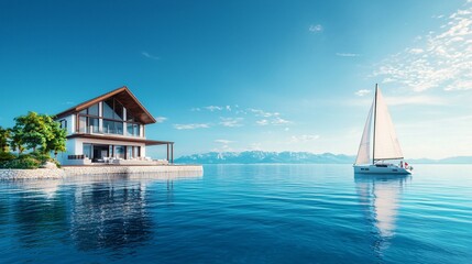 Fototapeta premium Modern Lakeside House with Sailing Boat on a Sunny Day
