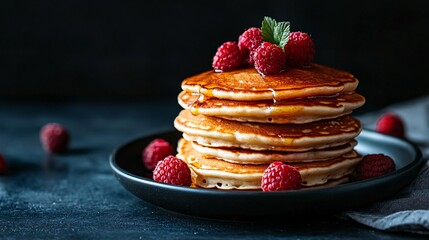 Stack of Pancakes with Raspberries and Syrup