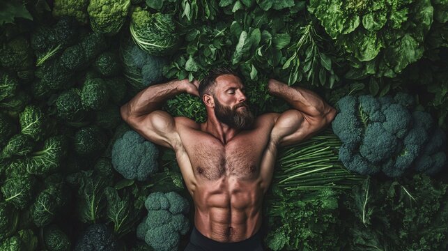 Muscular Man Laying on Fresh Greens
