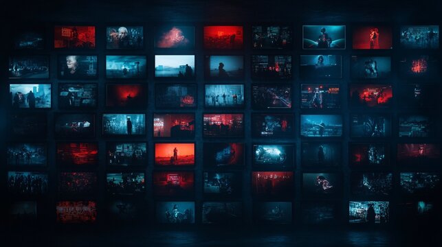Wall of Multiscreen Displays with Various Scenes in Red and Blue