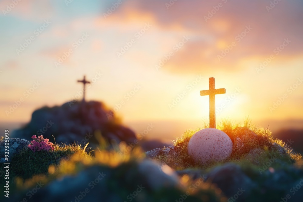 Wall mural empty tomb with crucifixion at sunrise - resurrection concept , ai