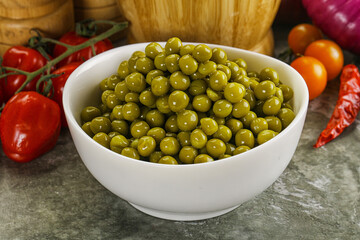 Sweet canned young green peas