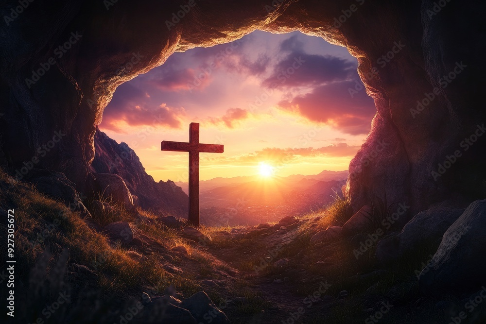 Wall mural empty tomb with crucifixion at sunrise - resurrection concept , ai