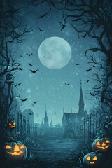 Fototapeta premium moonlit haunted castle surrounded by creepy trees and fog