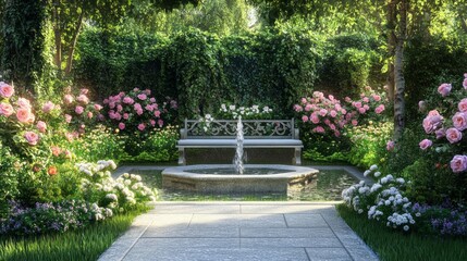 Obraz premium Tranquil Garden Oasis: Stone Bench, Blooming Roses, and Water Fountain