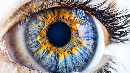 9. "A detailed, high-resolution image of a human eye with complex textures and striking colors, isolated on white