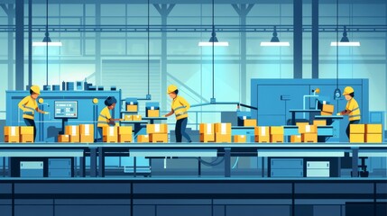 Cartoon vector illustration of workers assembling products on a production line, showcasing efficient manufacturing activities