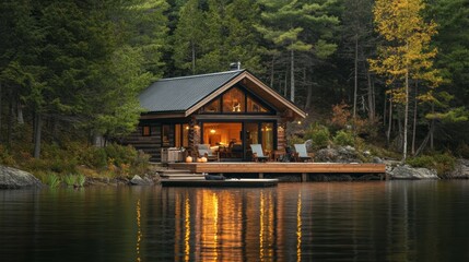 Obraz premium Tranquil Lakeside Cabin with Private Deck and Stunning Pine Views