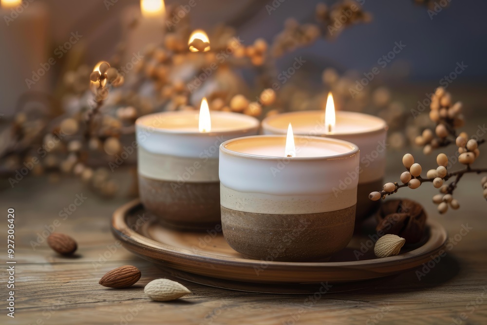 Poster Three lit candles on a wooden backdrop, surrounded by natural decor elements and warm light