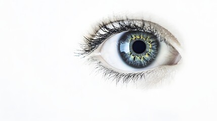 10. "A captivating image of a human eye with a clear, intense gaze, against a minimalist white background