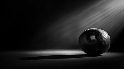 A single black sphere with a hole in the middle, sits on a dark surface with a single ray of light shining down on it.