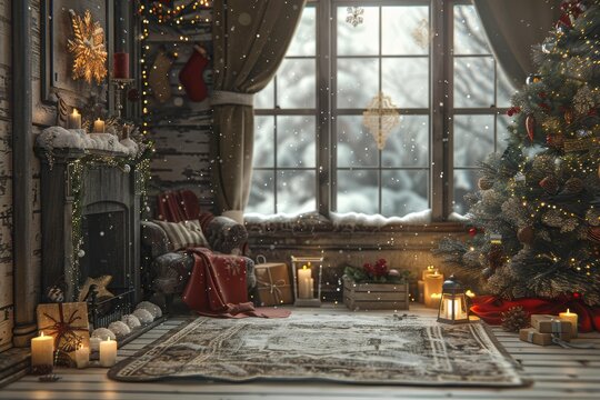 Warm holiday decor with christmas tree and fireplace in a snowcovered room