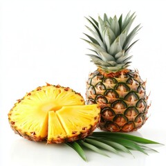 Whole and sliced pineapple with green leaves isolated on white background.