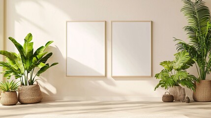 Blank Picture Frames with Tropical Houseplants in a Bright Room